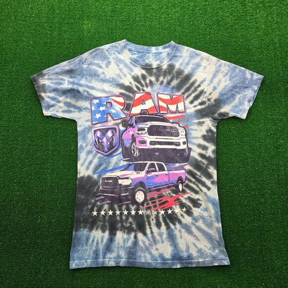Dodge‎ Ram Tshirt Mens Small Blue Tie Dye Short Sleeve Truck USA Flag Patriotic - Picture 1 of 6